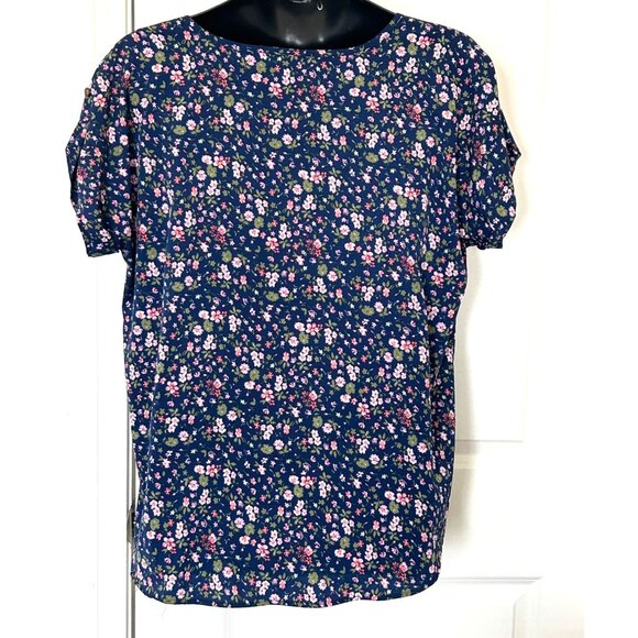 Floral V-Neck Short Sleeve Blouse By New Glory 2X Navy Pink Green Lightweight & - Picture 3 of 6